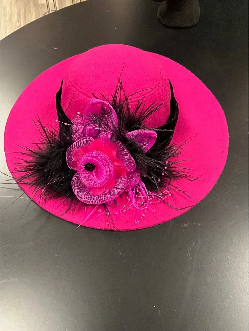 Hot Pink Felt Hat Black Velvet & Feather Embellishment